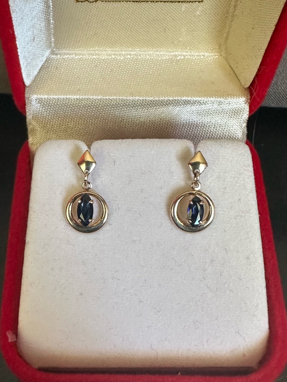 14k Yellow Gold Marquise Cut Blue Sapphire Dangle Stud Earrings